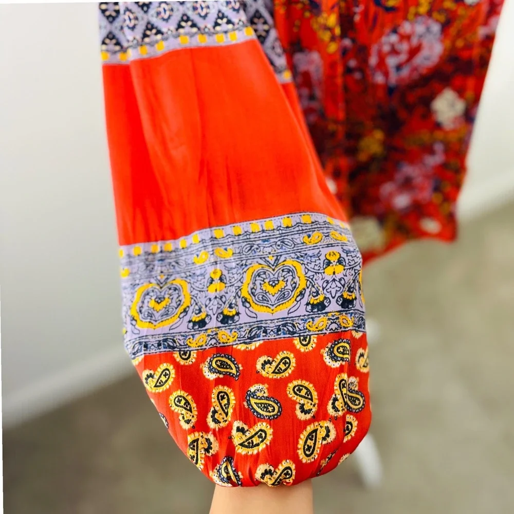 Free People Orange‎ Mixed Floral Paisley Boho Balloon Sleeve Peasant Blouse XS